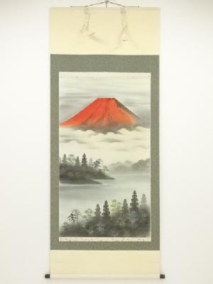 梅堂筆　赤富士　肉筆絹本掛軸（共箱）